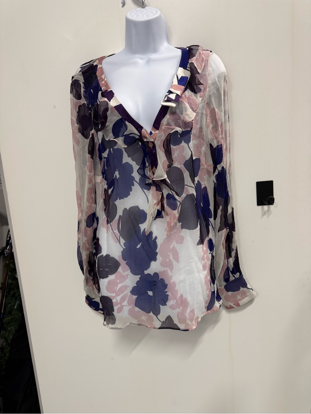 Blumarine Sheer Floral Ruffle V-Neck Blouse in Pink & Navy
